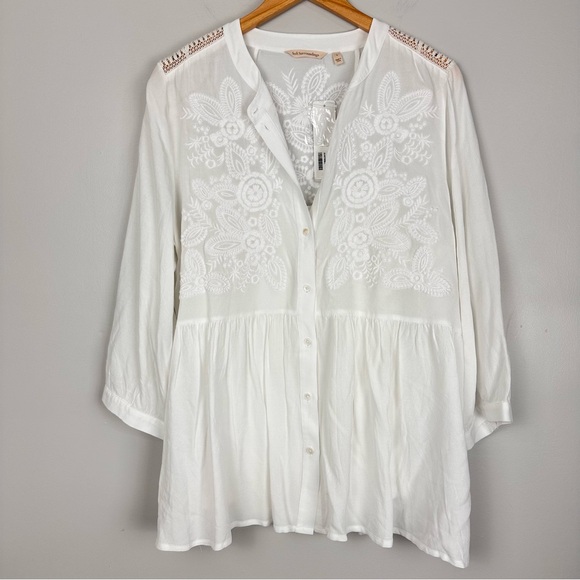 Soft Surroundings Cassowary Embroidered Babydoll Tunic Builtin Tank White Lg NWT - Picture 1 of 11
